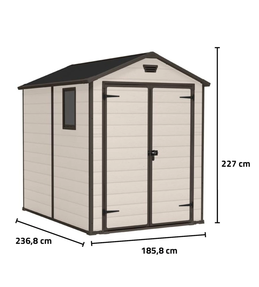 CASETTA DA GIARDINO KETER "MANOR 6x8" IN RESINA COLORE BEIGE CON PORTA BATTENTE DOPPIA 185,8X236,8X227 CM