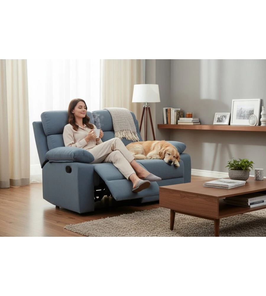 DIVANO 2 POSTI BELLAHOME "ANNIKA" CON RECLINER MANUALE IN TESSUTO BLU, 145X93X101 CM