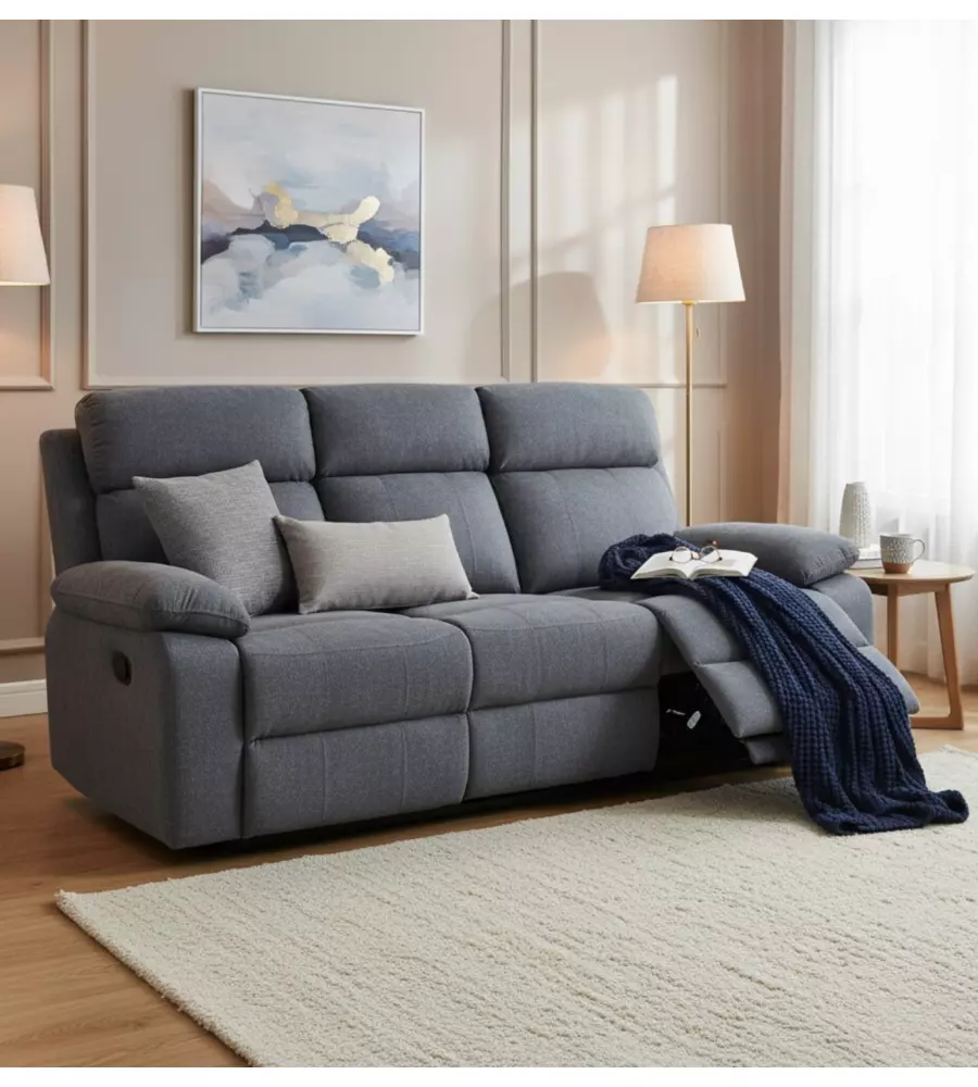 DIVANO 3 POSTI BELLAHOME "ANNIKA" CON RECLINER MANUALE IN TESSUTO BLU, 198x93x101 CM
