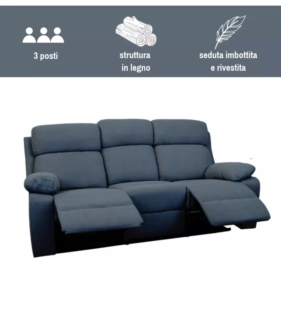 DIVANO 3 POSTI BELLAHOME "ANNIKA" CON RECLINER MANUALE IN TESSUTO BLU, 198x93x101 CM