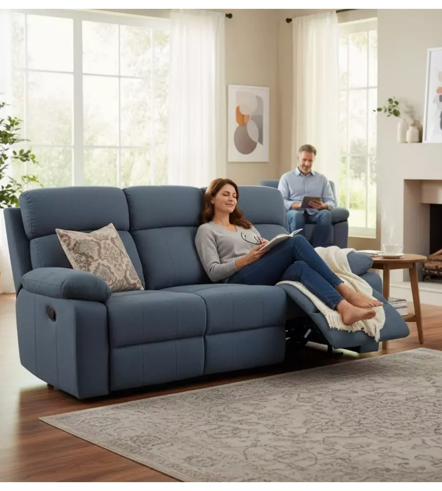 DIVANO 3 POSTI BELLAHOME "ANNIKA" CON RECLINER MANUALE IN TESSUTO BLU, 198x93x101 CM