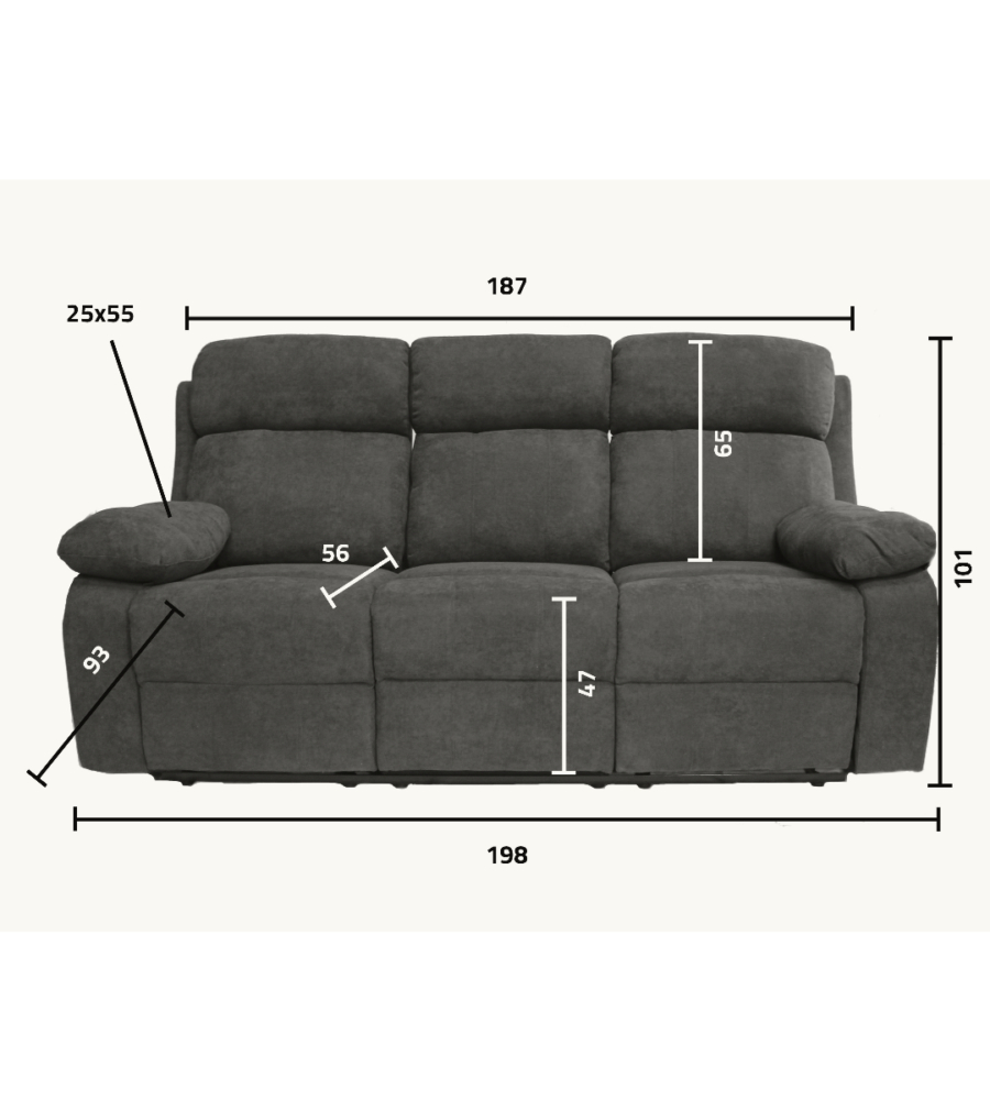 DIVANO 3 POSTI BELLAHOME "ANNIKA" CON RECLINER MANUALE IN TESSUTO BLU, 198x93x101 CM