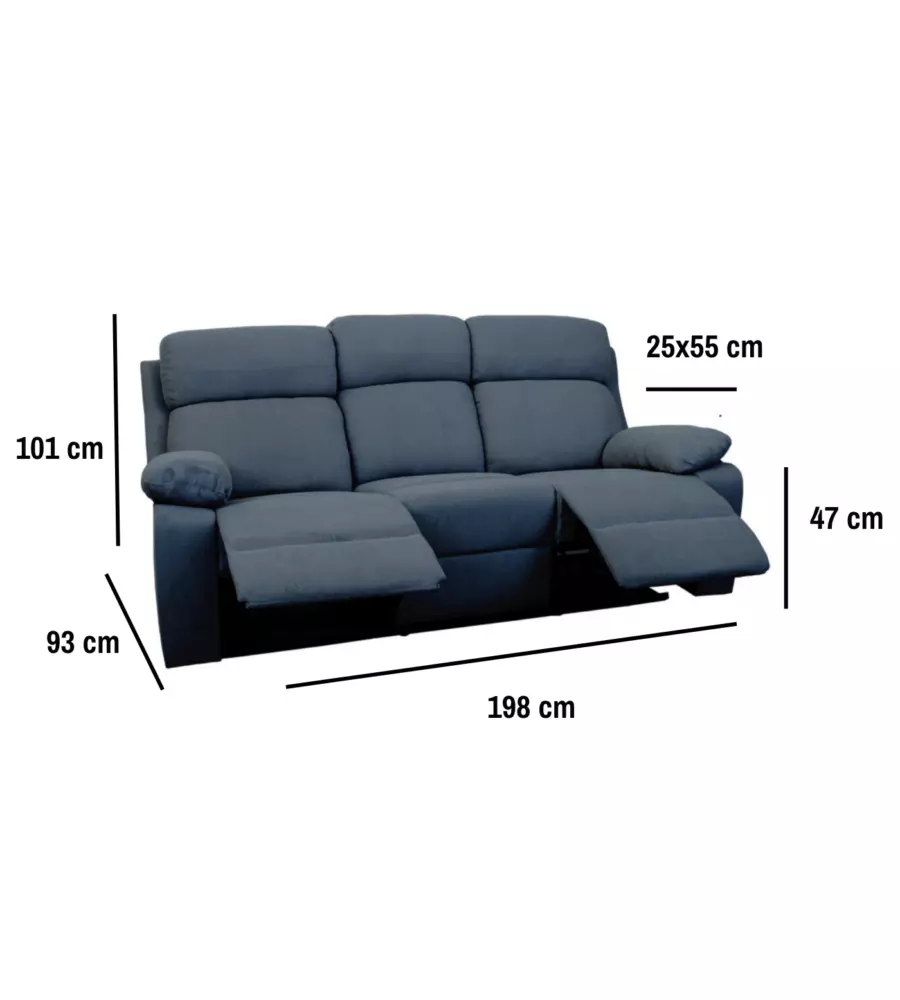 DIVANO 3 POSTI BELLAHOME "ANNIKA" CON RECLINER MANUALE IN TESSUTO BLU, 198x93x101 CM