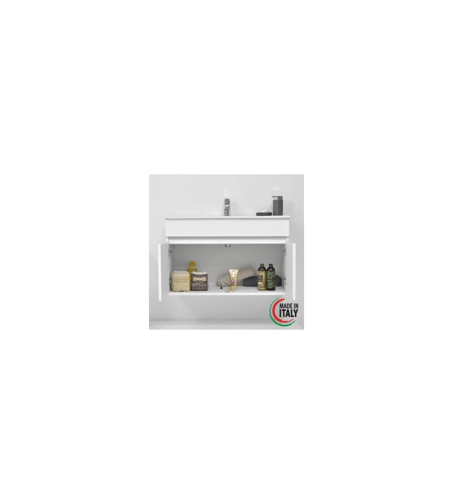 MOBILE BAGNO SOSPESO "FABULA" CON 2 ANTE BIANCO LACCATO, 90X47X57 CM