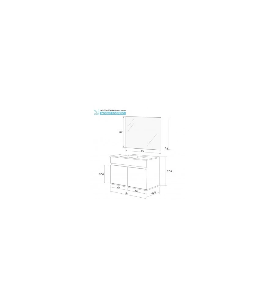MOBILE BAGNO SOSPESO "FABULA" CON 2 ANTE BIANCO LACCATO, 90X47X57 CM