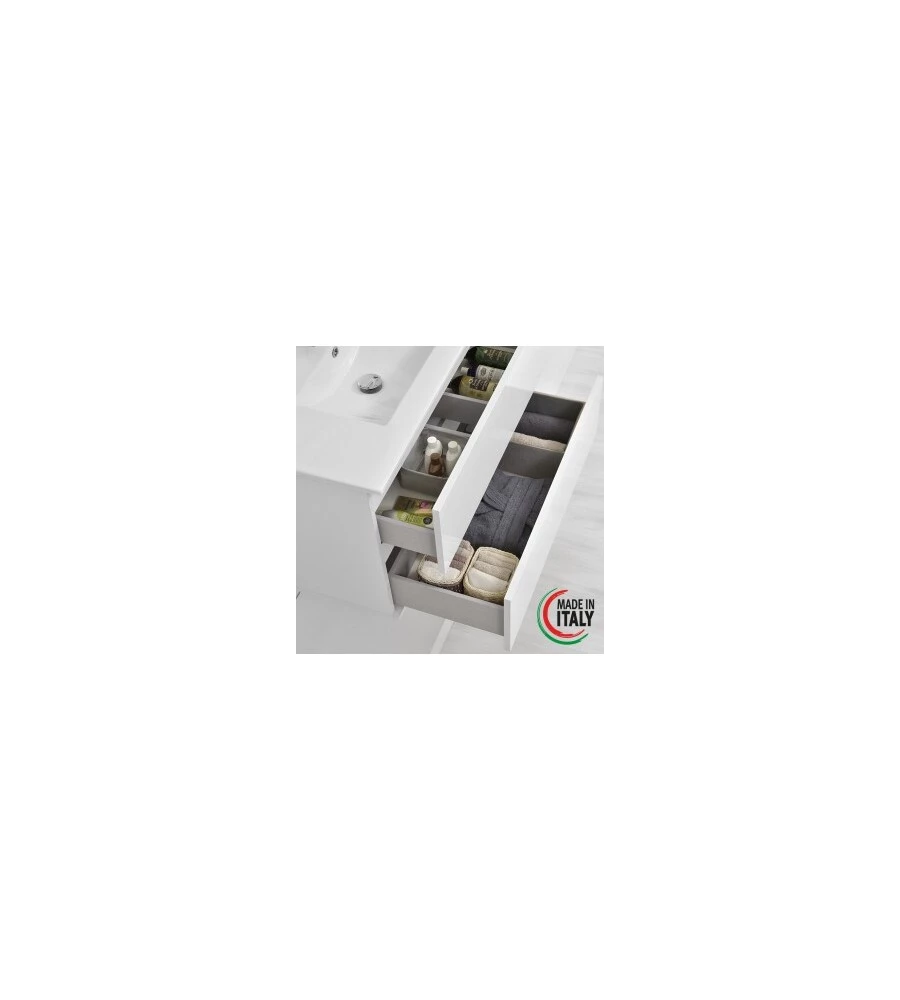 MOBILE BAGNO SOSPESO "FABULA" CON 2 CASSETTI BIANCO LACCATO, 90X47X57 CM