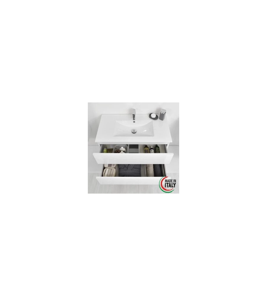 MOBILE BAGNO SOSPESO "FABULA" CON 2 CASSETTI BIANCO LACCATO, 90X47X57 CM