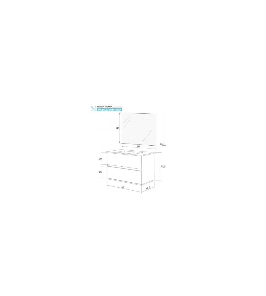 MOBILE BAGNO SOSPESO "FABULA" CON 2 CASSETTI BIANCO LACCATO, 90X47X57 CM