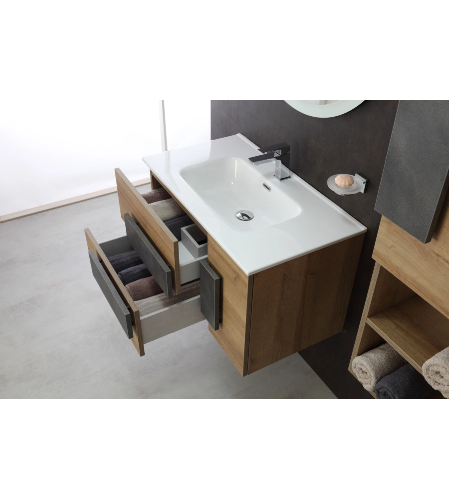 MOBILE BAGNO SOSPESO "URBAN" CON SPECCHIO E CASSETTI, 80X47X49 CM