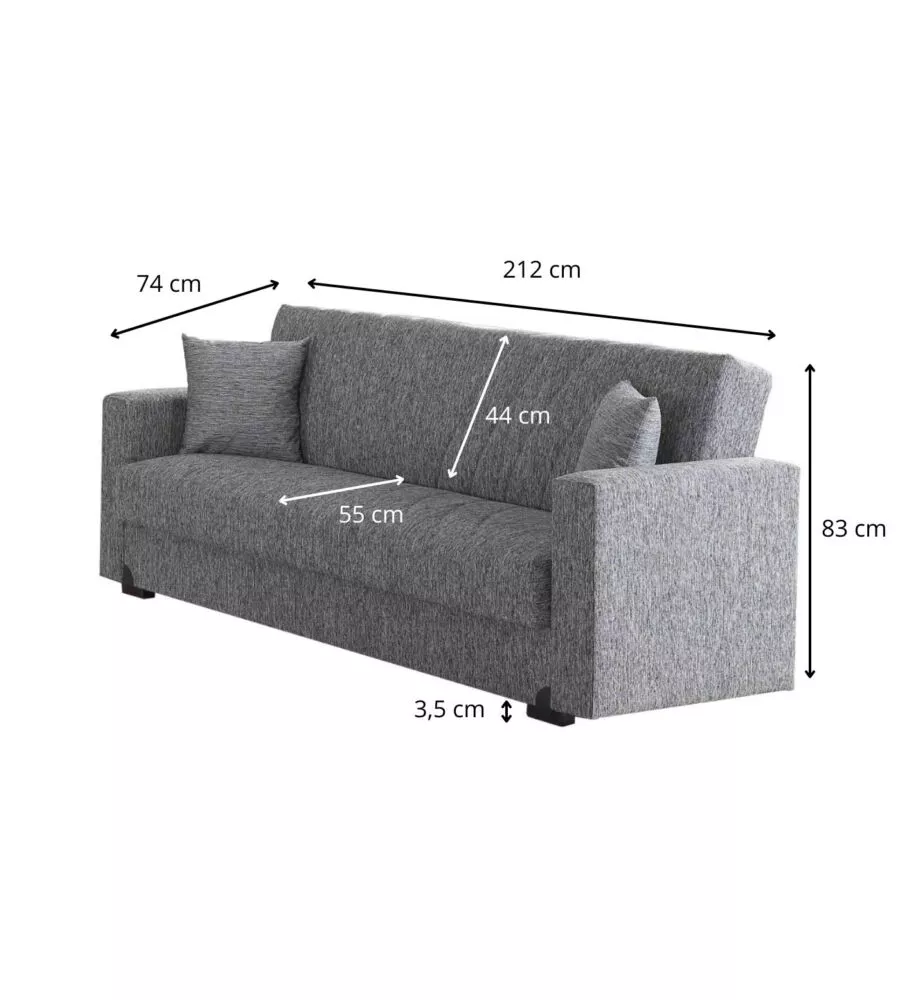 DIVANO LETTO "MALI" 3 POSTI IN TESSUTO GRIGIO CON CASSETTONE, 212X74X83 CM