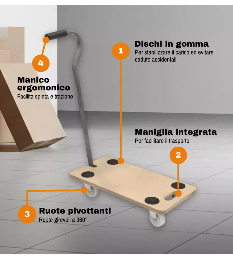 CARRELLO TRASPORTO PIEGHEVOLE EASY SYSTEM CON MANICO E RUOTE PIVOTANTI IN LEGNO PORTATA 200 KG 58X29X1,8 CM