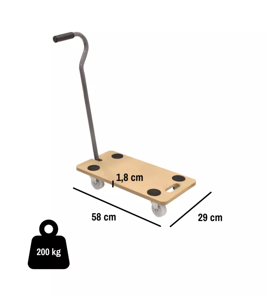 CARRELLO TRASPORTO PIEGHEVOLE EASY SYSTEM CON MANICO E RUOTE PIVOTANTI IN LEGNO PORTATA 200 KG 58X29X1,8 CM