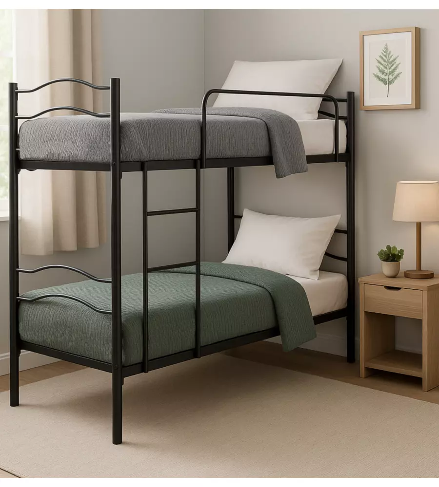 Letto a castello con rete a doghe 2 cuscini e 2 materassi nero 203x145,5x83 cm