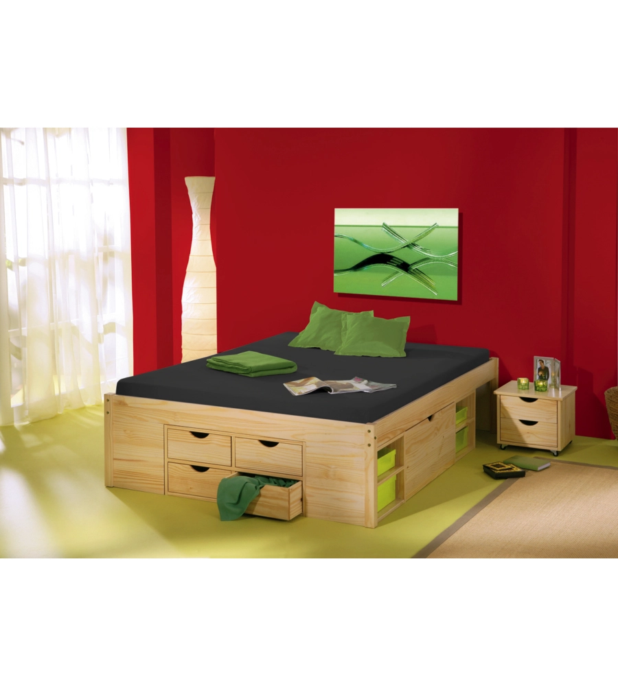 Letto matrimoniale con contenitori e comodini estraibili con ruote  "Claas" color legno 180x200 cm