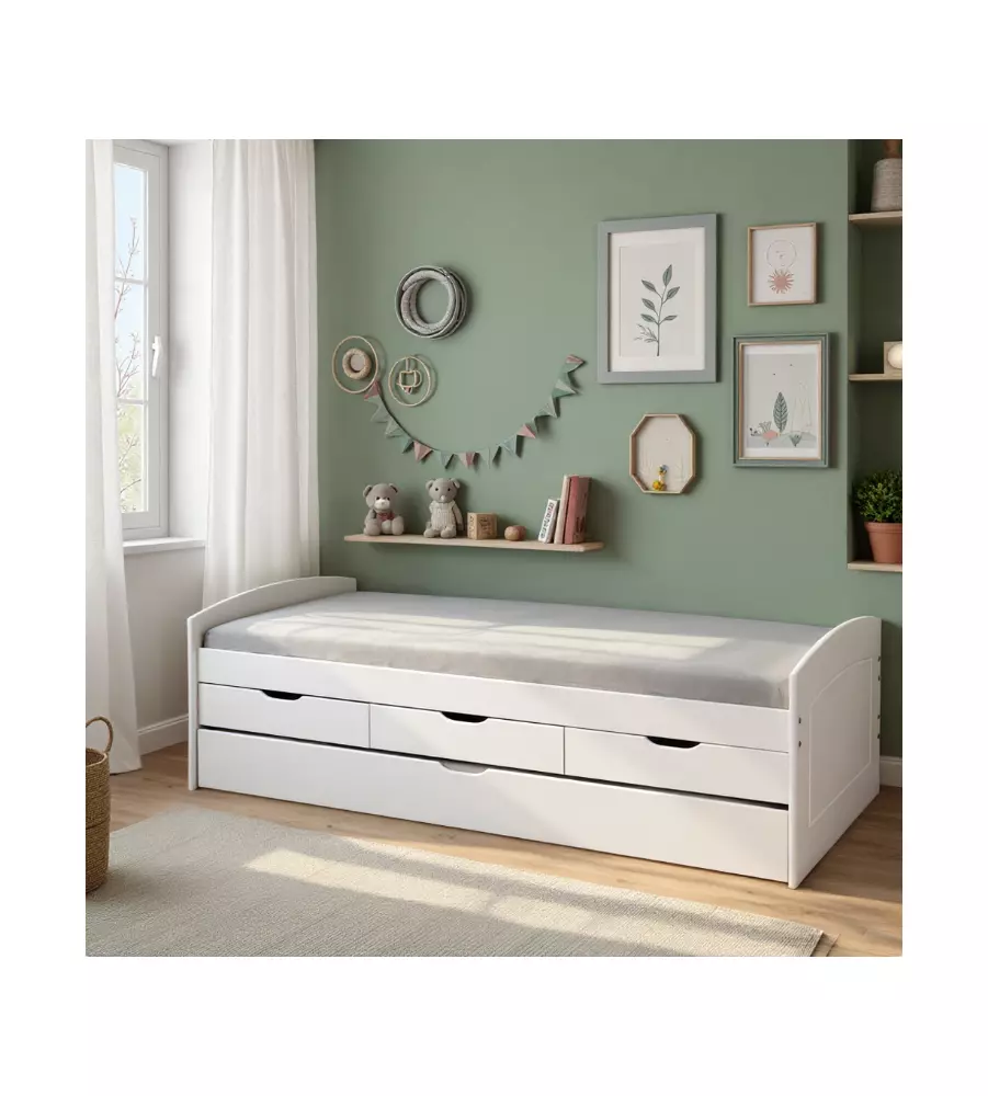 LETTO SINGOLO CON 3 CASSETTI E LETTO ESTRAIBILE IN PINO BIANCO 90X200 CM