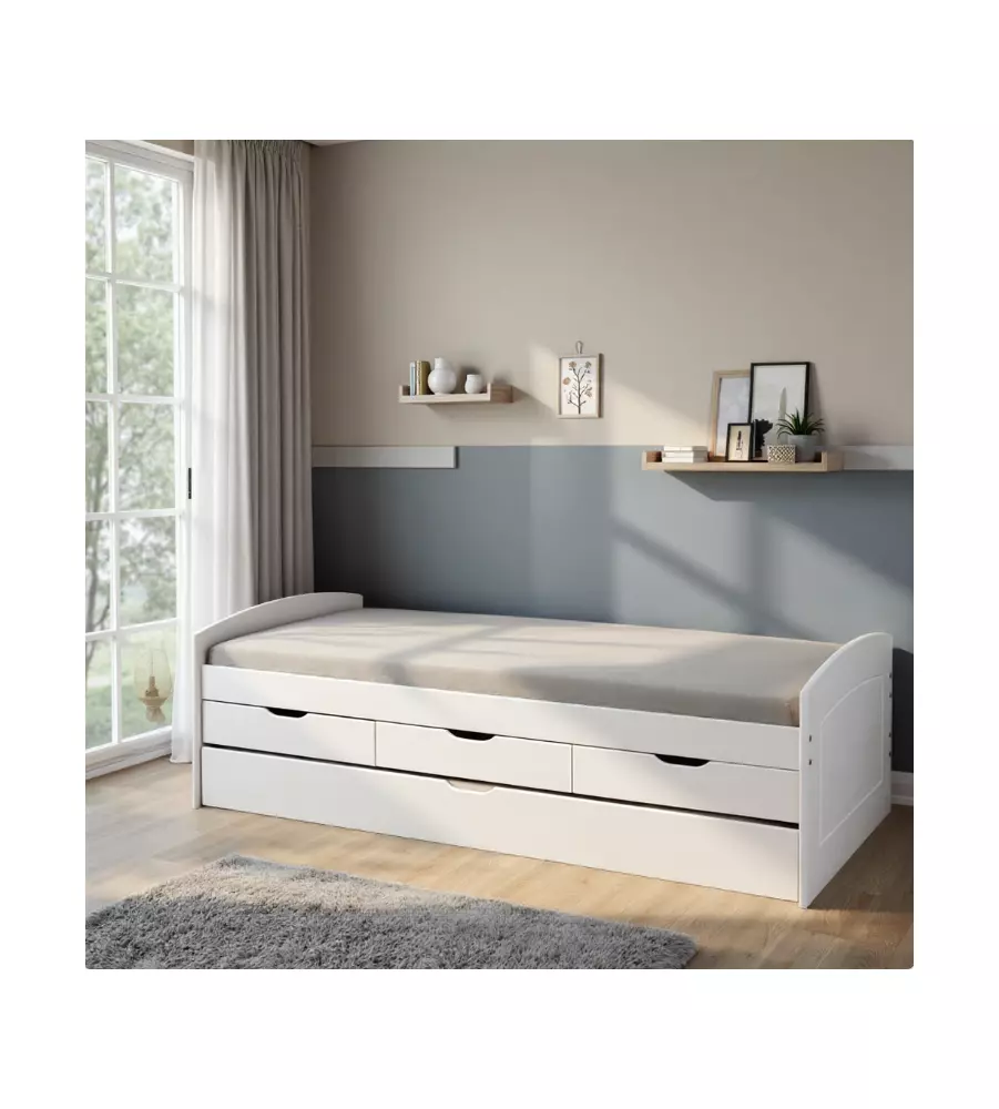 LETTO SINGOLO CON 3 CASSETTI E LETTO ESTRAIBILE IN PINO BIANCO 90X200 CM