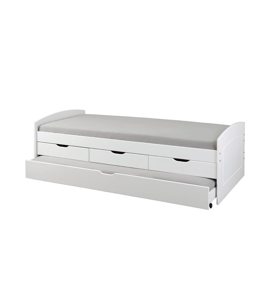 LETTO SINGOLO CON 3 CASSETTI E LETTO ESTRAIBILE IN PINO BIANCO 90X200 CM