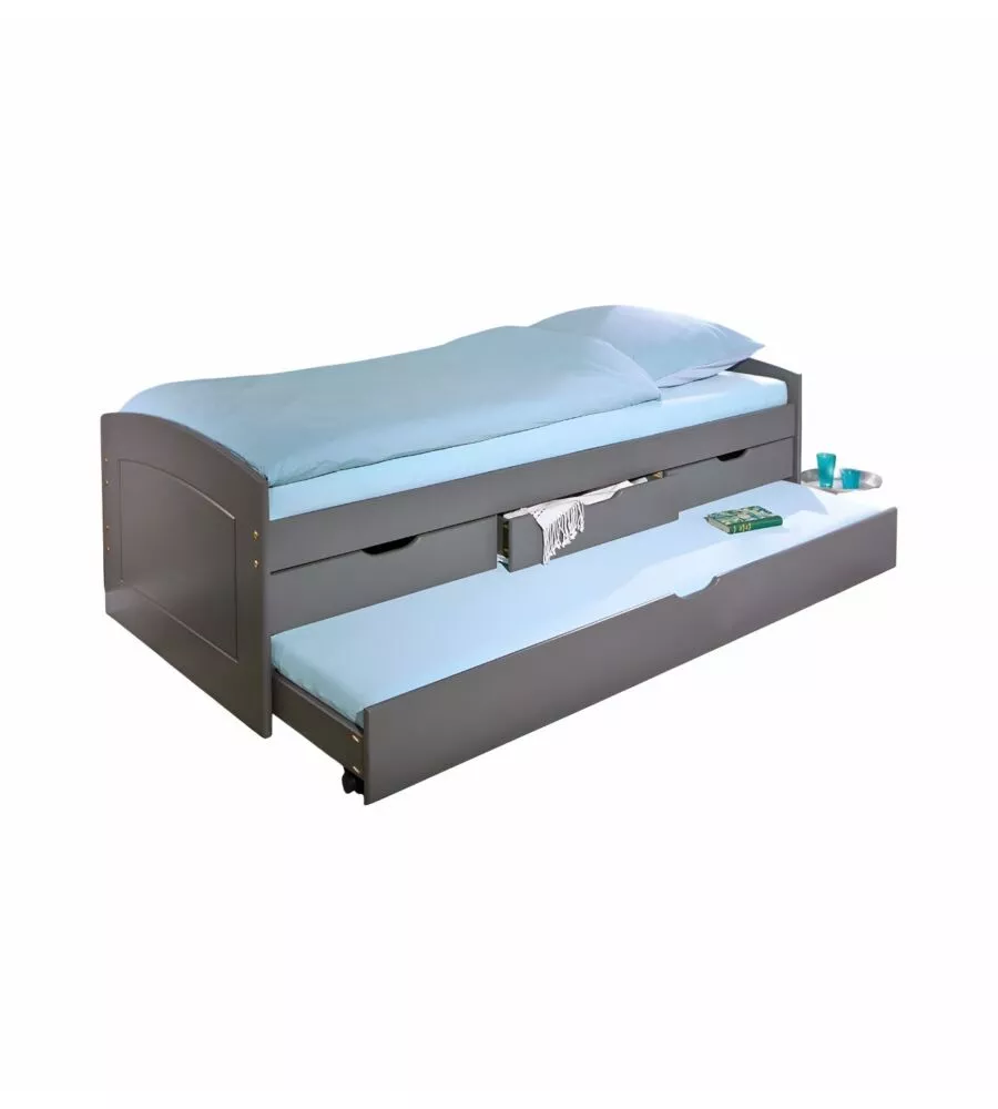 LETTO SINGOLO CON 3 CASSETTI E LETTO ESTRAIBILE IN PINO GRIGIO 90X200 CM