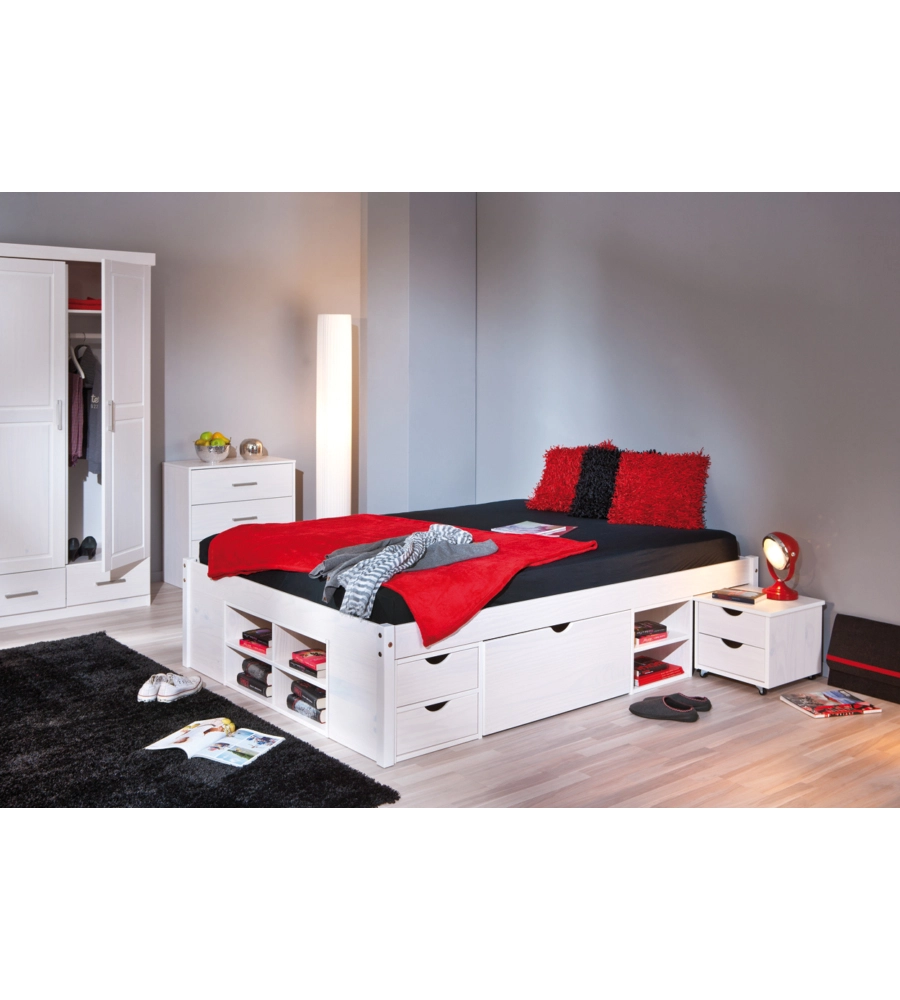 Letto matrimoniale con vani contenitori e comodini estraibili con ruote incluse  "Till" bianco 140x200 cm