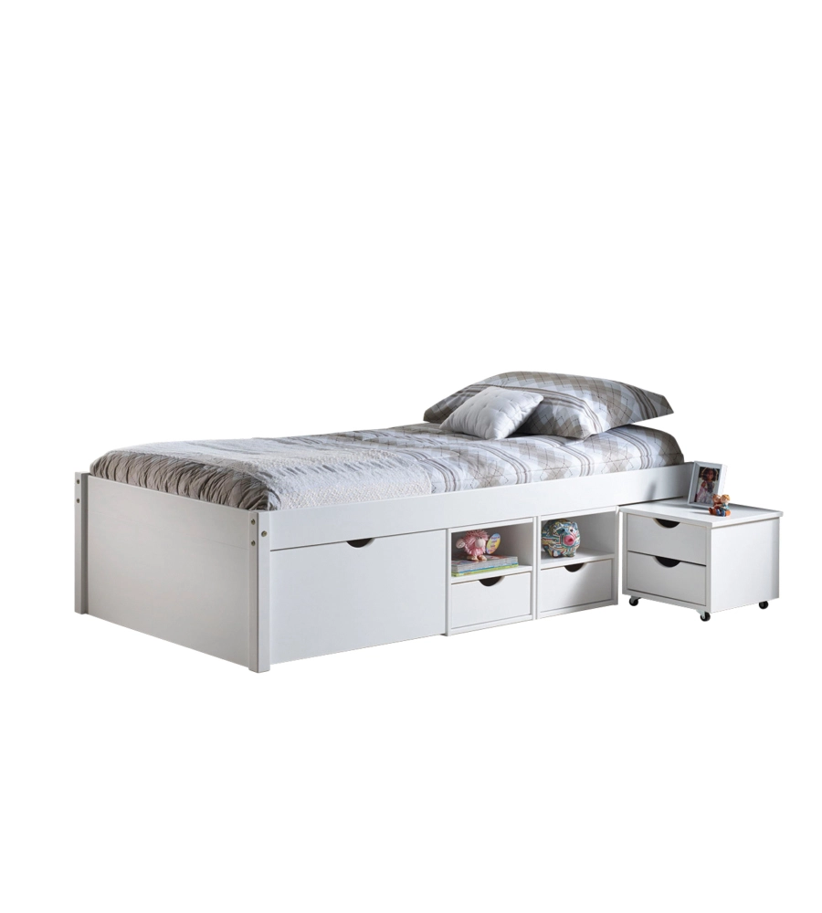 Letto singolo con vani contenitore e comodino con ruote incluse "Till" bianco 90x200 cm