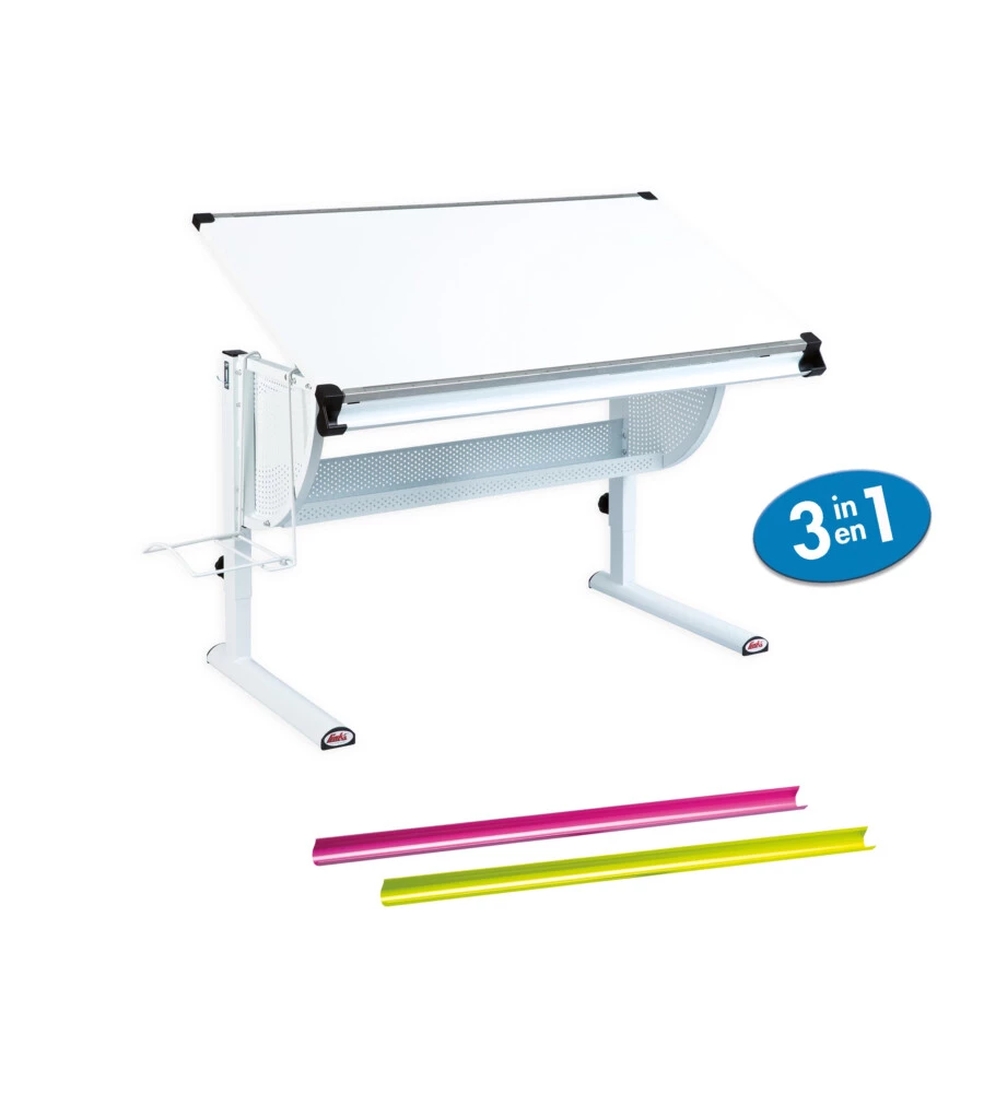 SCRIVANIA INCLINABILE CON COLORI INTERCAMBIABILI, CONTENITORE E GAMBE IN METALLO.