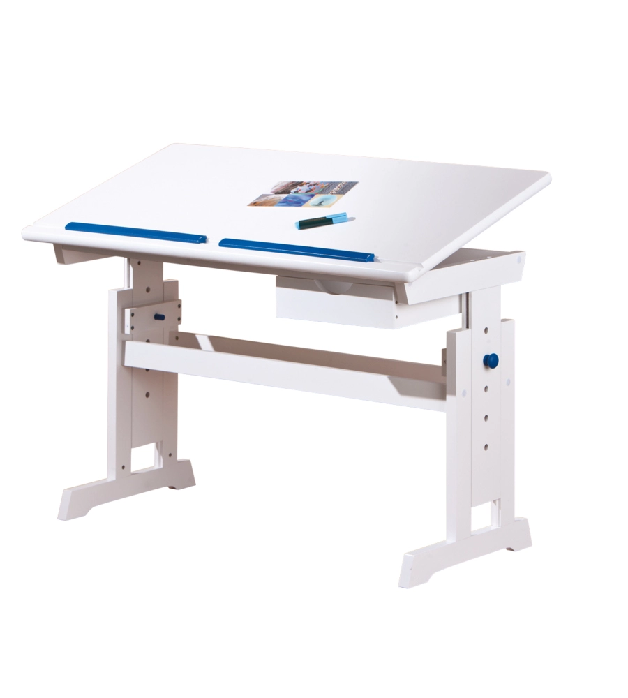 SCRIVANIA IN PINO MASSELLO FINITURA BIANCO ROSA/BLU . PIANO INCLINABILE E STRUTTURA REGOLABILE IN ALTEZZA. DIM. 109X55X64-90H. ARTICOLO IN KIT.