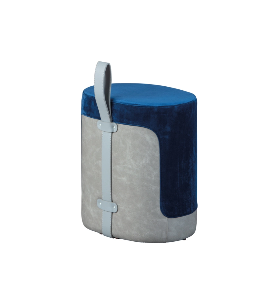 POUF BLU E GRIGIO CON MANIGLIA IN ECOPELLE, 38X32,5X43 CM