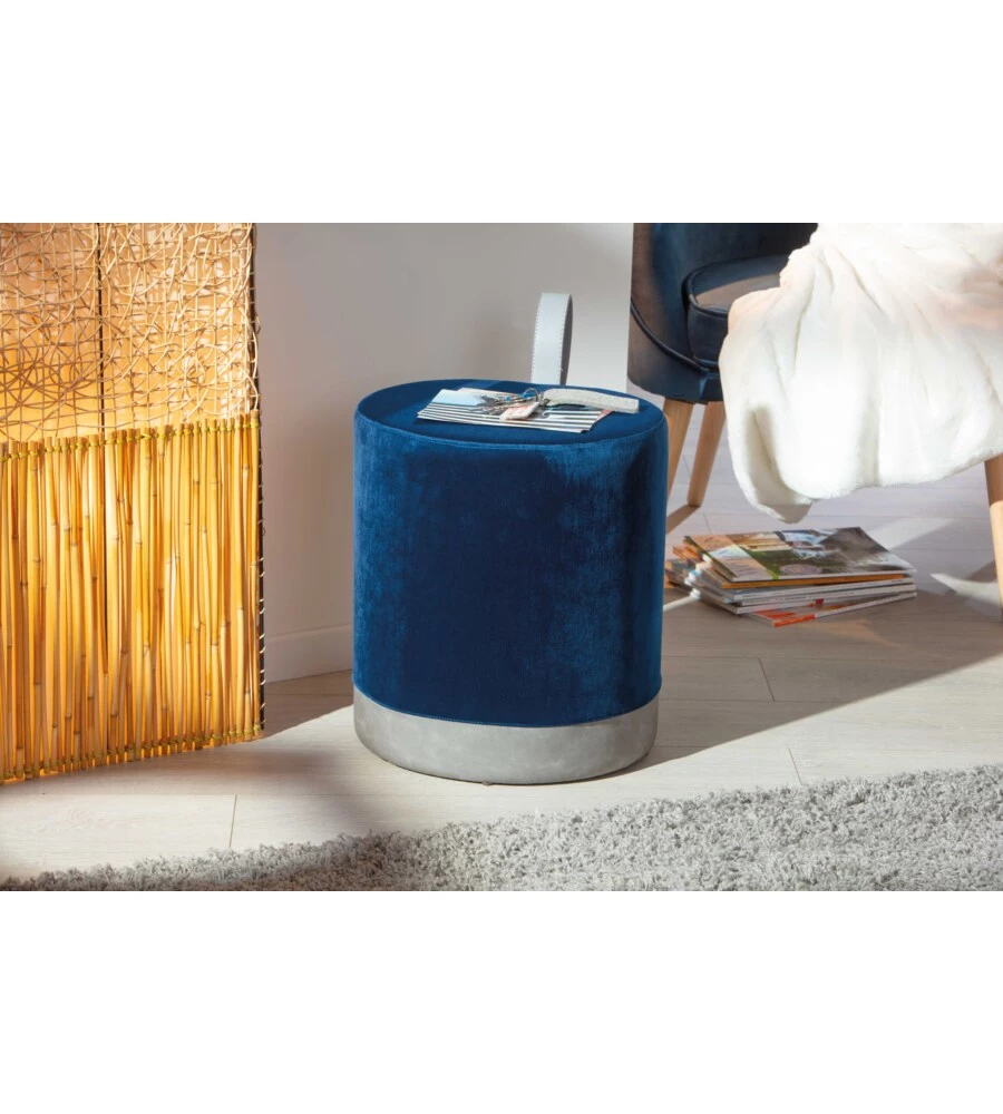 POUF BLU E GRIGIO CON MANIGLIA IN ECOPELLE, 38X32,5X43 CM