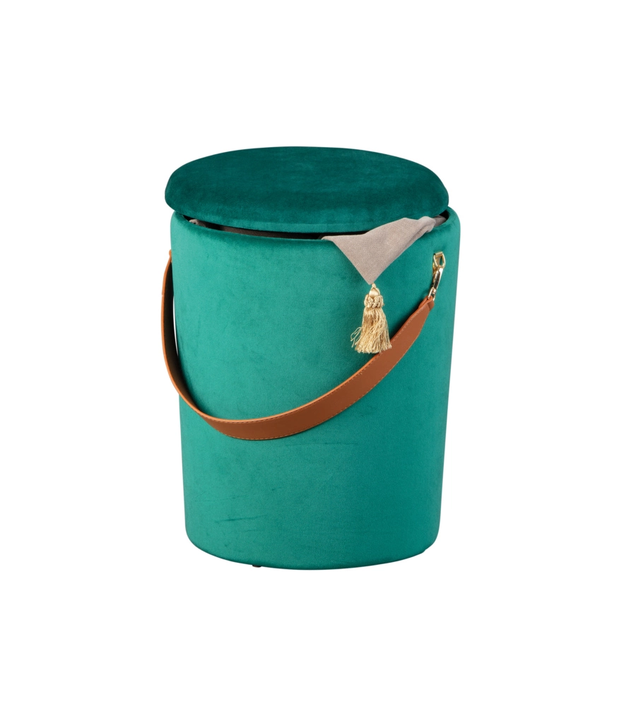 POUF "SECCHIELLO" IN VELLUTO VERDE CON MANIGLIA, 35X35X45 CM