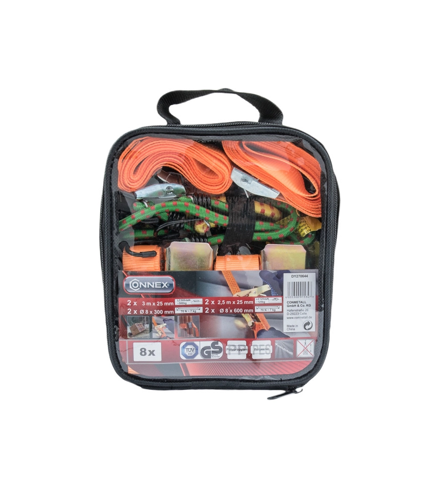 CINGHIA DI ANCORAGGIO IN KIT 8 PZ. CON TENDITORI E CAVO ELASTICO IN CONFEZIONE RIUTILIZZABILE
