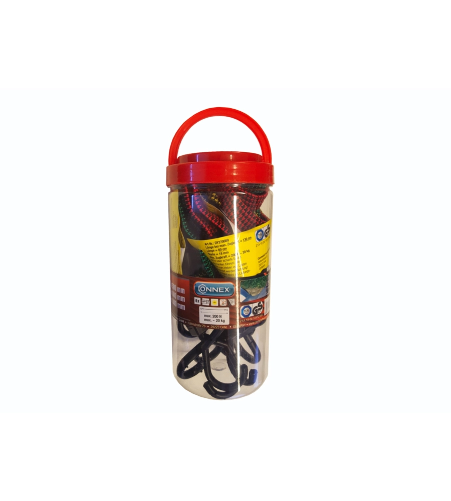 CAVO ELASTICO PIATTO ASSORTITO L. 18 MM. DA 500 A 800 MM. CON GANCI IN PLASTICA 6 PZ.