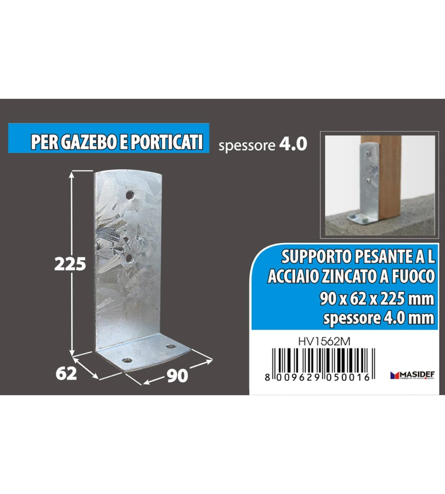 SUPPORTO PESANTE AD "L" DA AVVITARE 90 X 225 SPESSORE 4 MM.