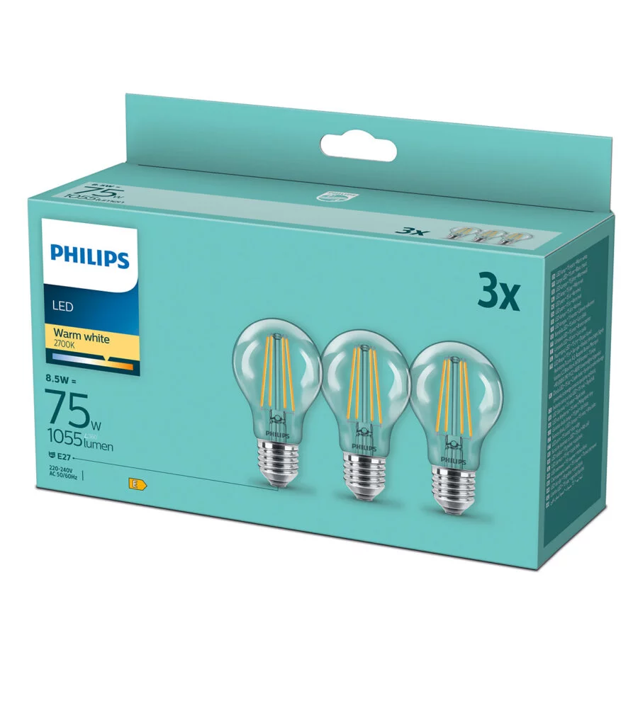 SET 3 LAMPADINE LED FILAMENT PHILIPS E27 1055LM