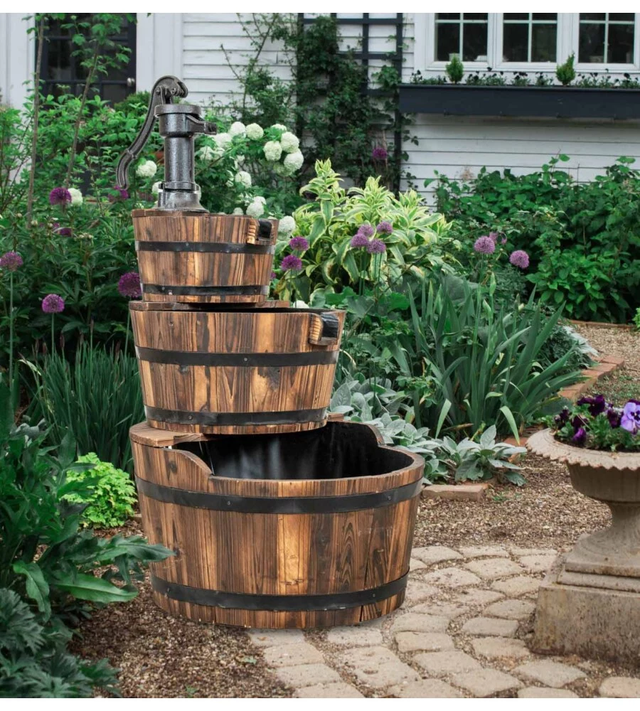 FONTANA DA ESTERNO IN LEGNO A TRE PIANI CON RICIRCOLO D'ACQUA Ø 56X103 CM