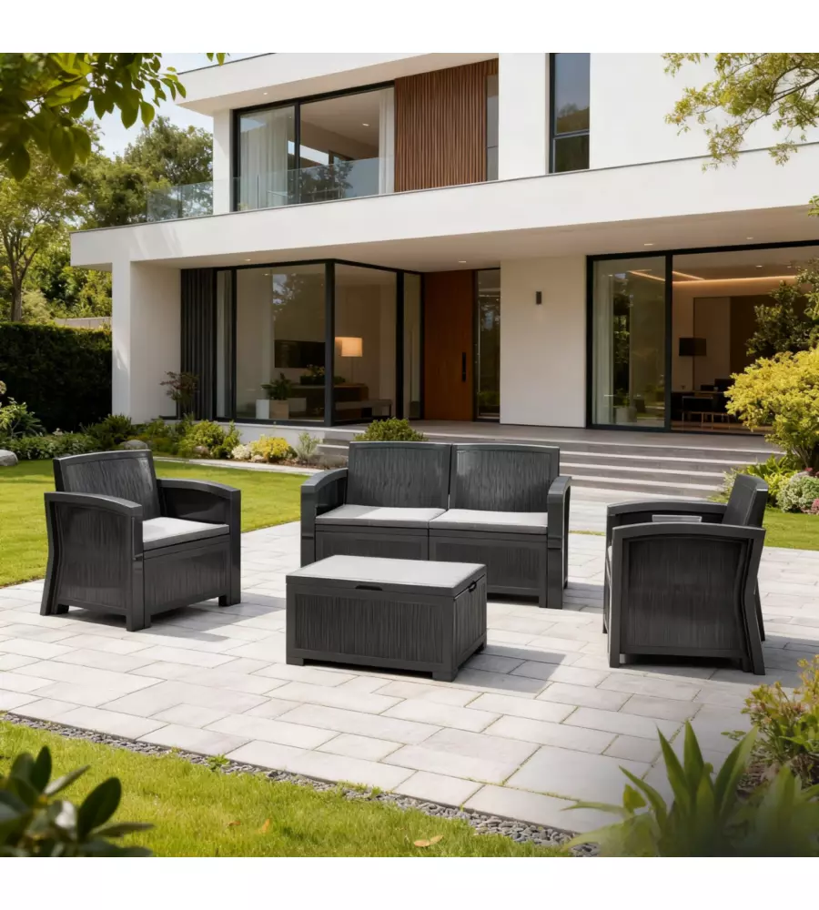 SET DA GIARDINO "NEW YORK" IN POLIPROPILENE CON CUSCINI ANTRACITE 4 SEDUTE E TAVOLINO