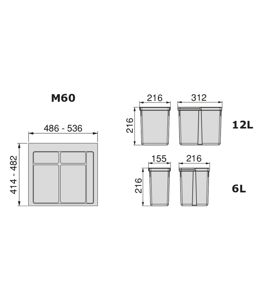 CONTENITORI PER RACCOLTA DIFFERENZIATA EMUCA "RECYCLE" PER MODULO 60 CM, 12LT+6LT+6LT
