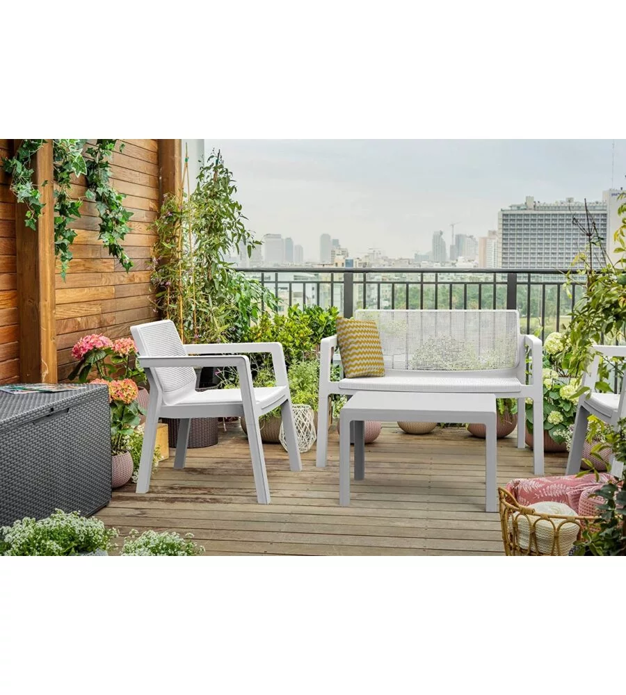 SET MOBILE DA GIARDINO "EMILY LOUNGE" CON 2 POLTRONE, DIVANO 2 POSTI E TAVOLINO, COLORE BIANCO - KETER
