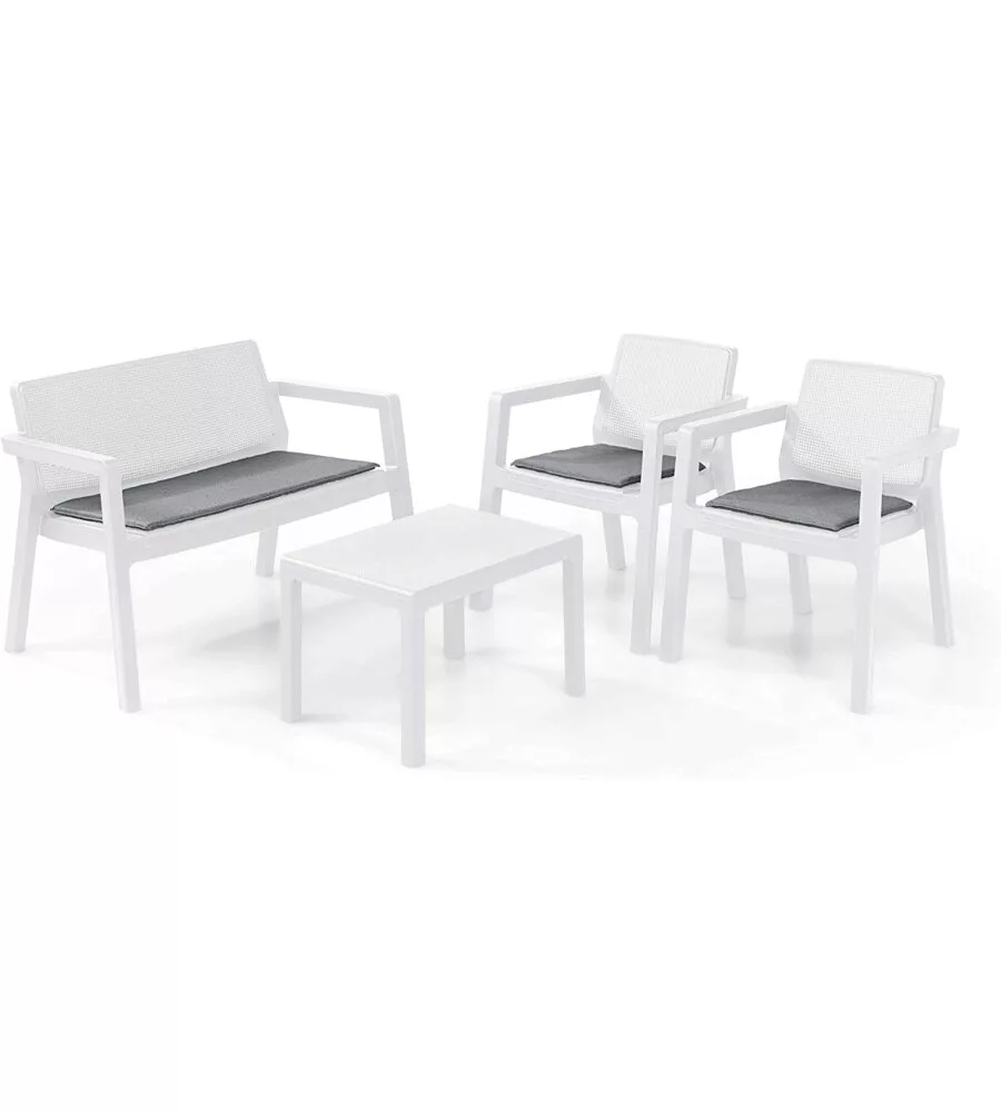 SET MOBILE DA GIARDINO "EMILY LOUNGE" CON 2 POLTRONE, DIVANO 2 POSTI E TAVOLINO, COLORE BIANCO - KETER