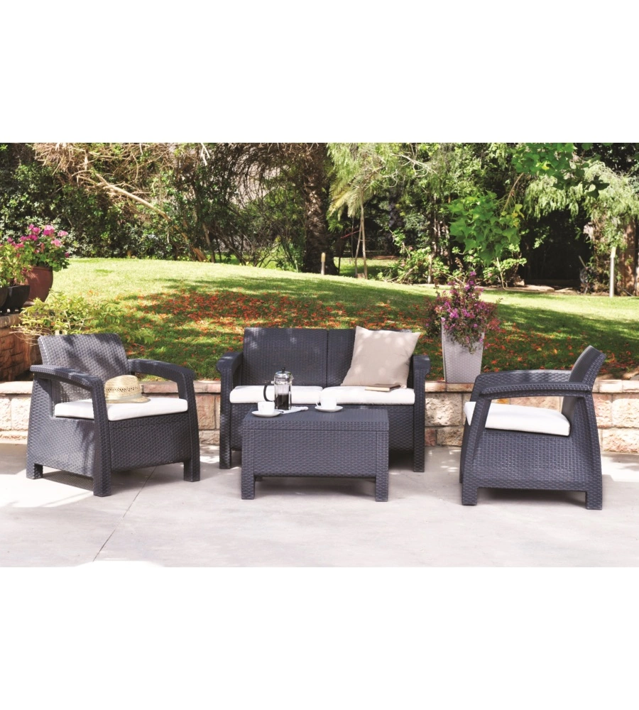 SET DA GIARDINO "CORFU LOUNGE" CON 2 POLTRONE, DIVANO 2 POSTI E TAVOLINO, COLORE GRAFITE - KETER