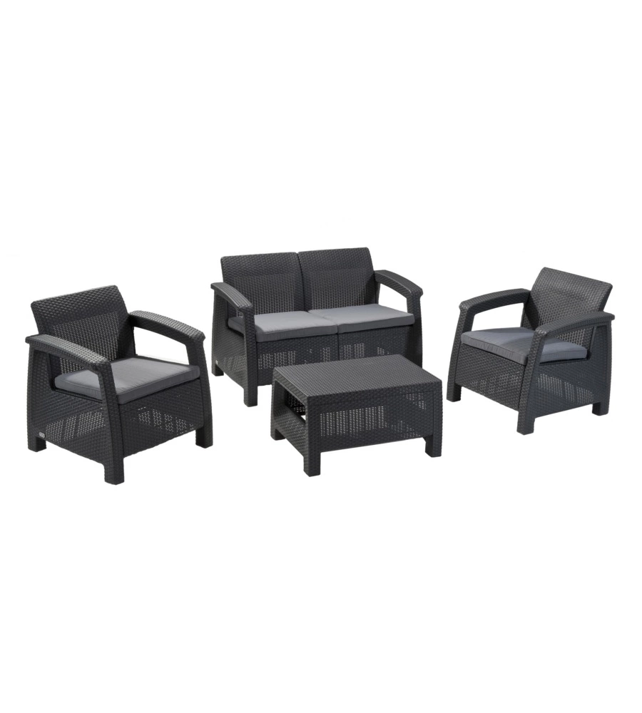 SET DA GIARDINO "CORFU LOUNGE" CON 2 POLTRONE, DIVANO 2 POSTI E TAVOLINO, COLORE GRAFITE - KETER