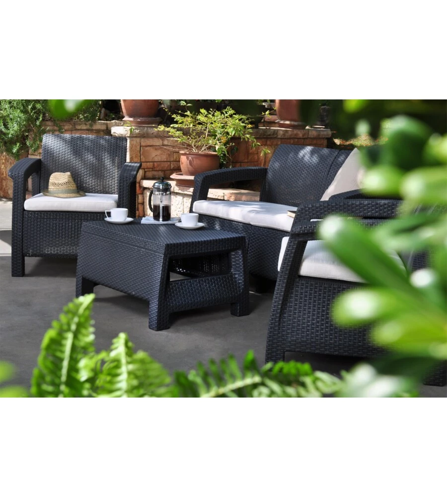 SET DA GIARDINO "CORFU LOUNGE" CON 2 POLTRONE, DIVANO 2 POSTI E TAVOLINO, COLORE GRAFITE - KETER