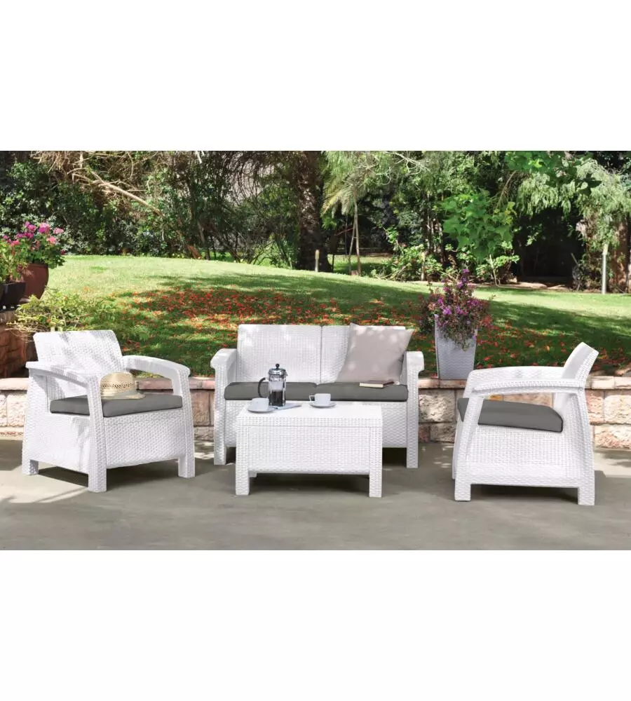 SET DA GIARDINO KETER "CORFU LOUNGE" IN POLIPROPILENE BIANCO 4 SEDUTE E TAVOLINO