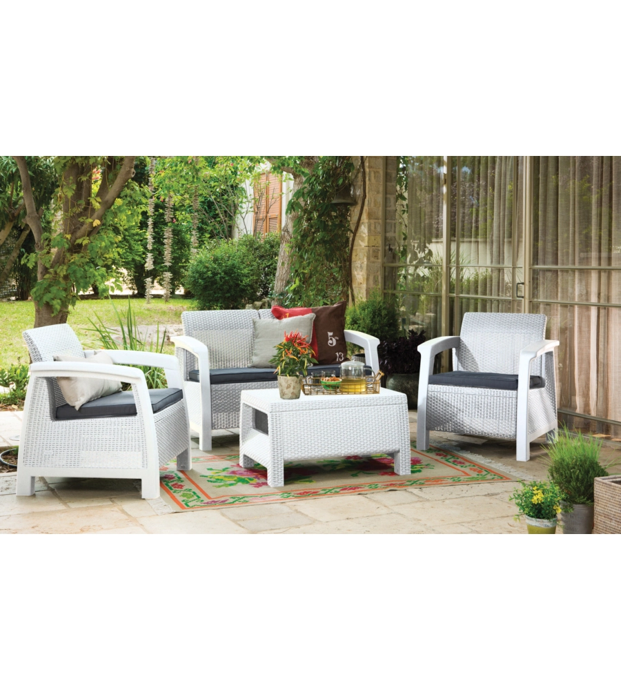 SET DA GIARDINO KETER "CORFU LOUNGE" IN POLIPROPILENE BIANCO 4 SEDUTE E TAVOLINO
