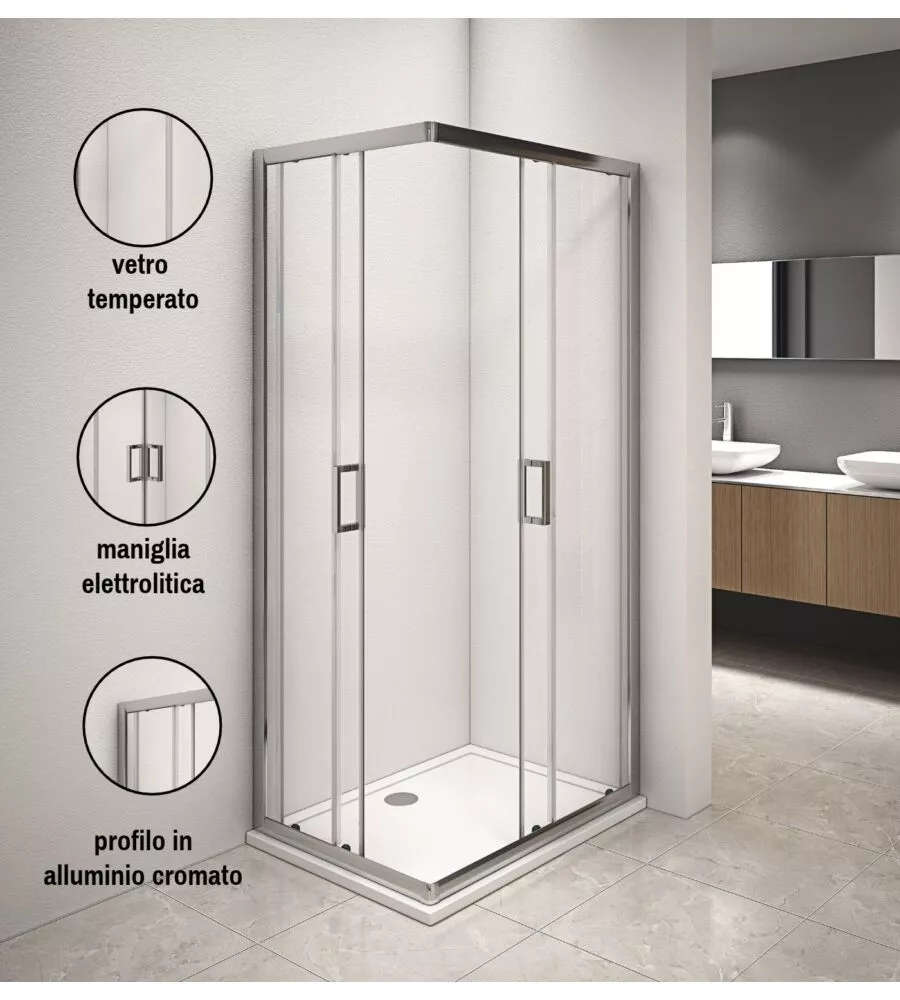 BOX DOCCIA ANGOLARE IN ALLUMINIO CON VETRO TRASPARENTE 70X90X185 CM