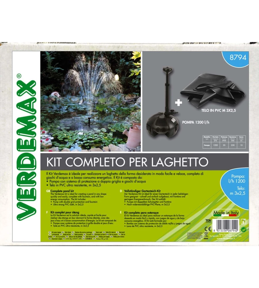 LAGOMAX KIT COMPLETO PER LAGHETTI CON POMPA E TELO 3X2,5 METRI - VERDEMAX