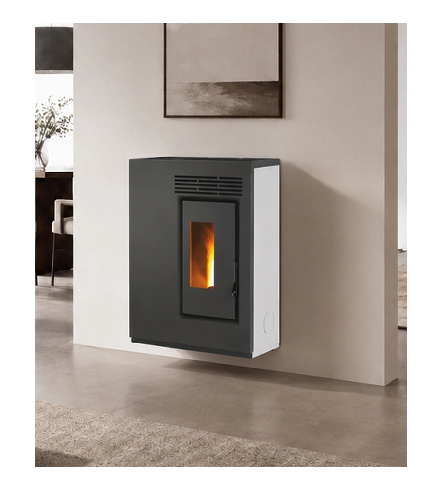 Stufa a pellet slim ventilata Caris "Fiore" bianco con staffa a muro 5,0 kW