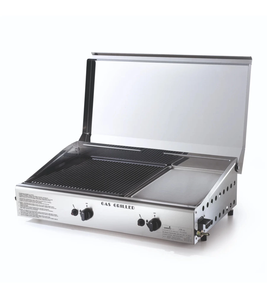 BARBECUE A GAS OMPAGRILL CON PLANCHA DOPPIA E COPERCHIO 2 BRUCIATORI 71,5X44X24 CM