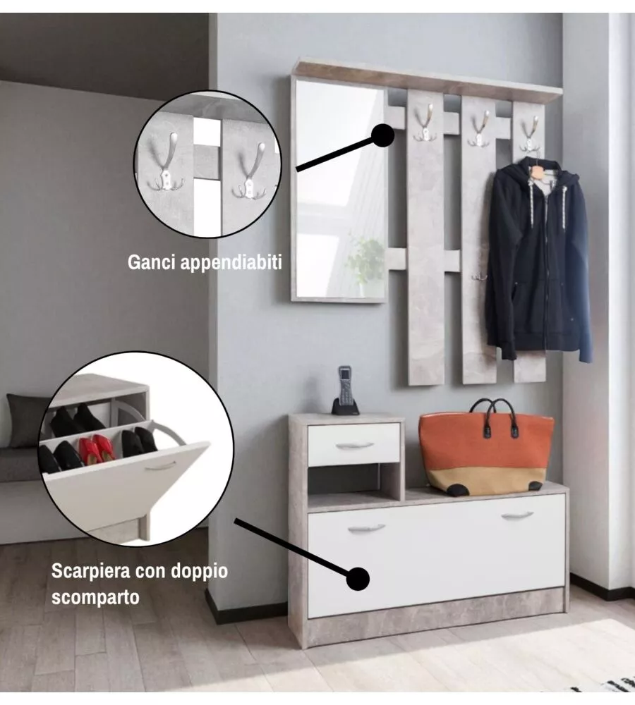 MOBILE DA INGRESSO BELLAHOME CON SPECCHIO E APPENDIABITI BIANCO E CEMENTO 100X25X180 CM