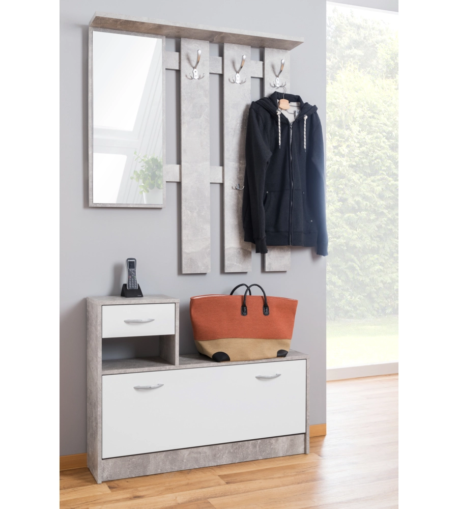 MOBILE DA INGRESSO BELLAHOME CON SPECCHIO E APPENDIABITI BIANCO E CEMENTO, 100X25X180 CM
