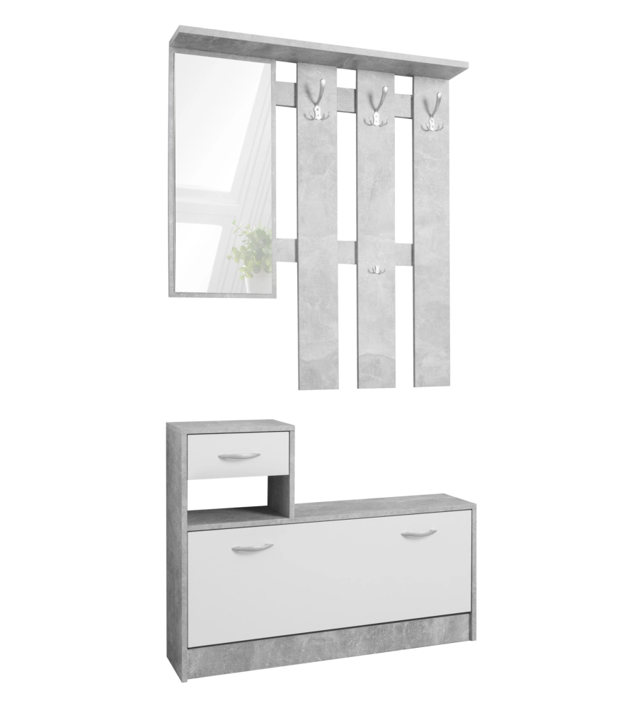 MOBILE DA INGRESSO BELLAHOME CON SPECCHIO E APPENDIABITI BIANCO E CEMENTO, 100X25X180 CM